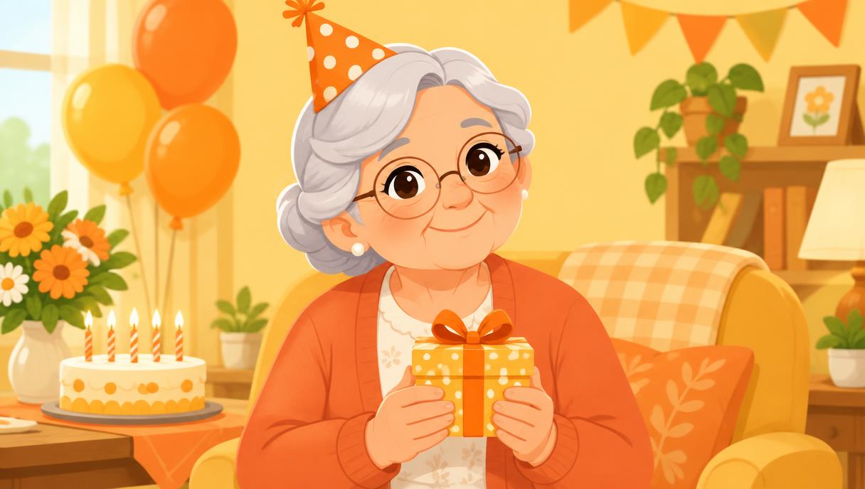 Illustrated cartoon grandmother with a party hat inside an example gift page