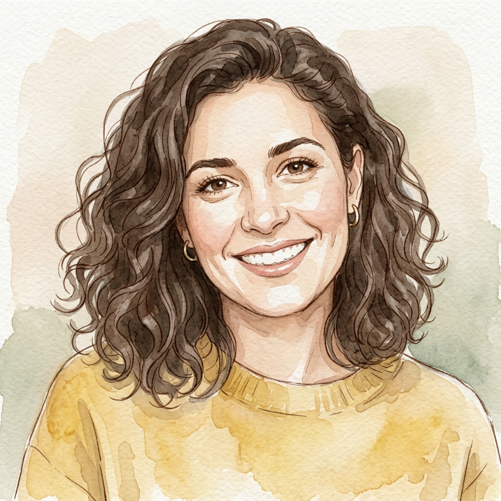 The same woman redrawn as a Watercolour cartoon character