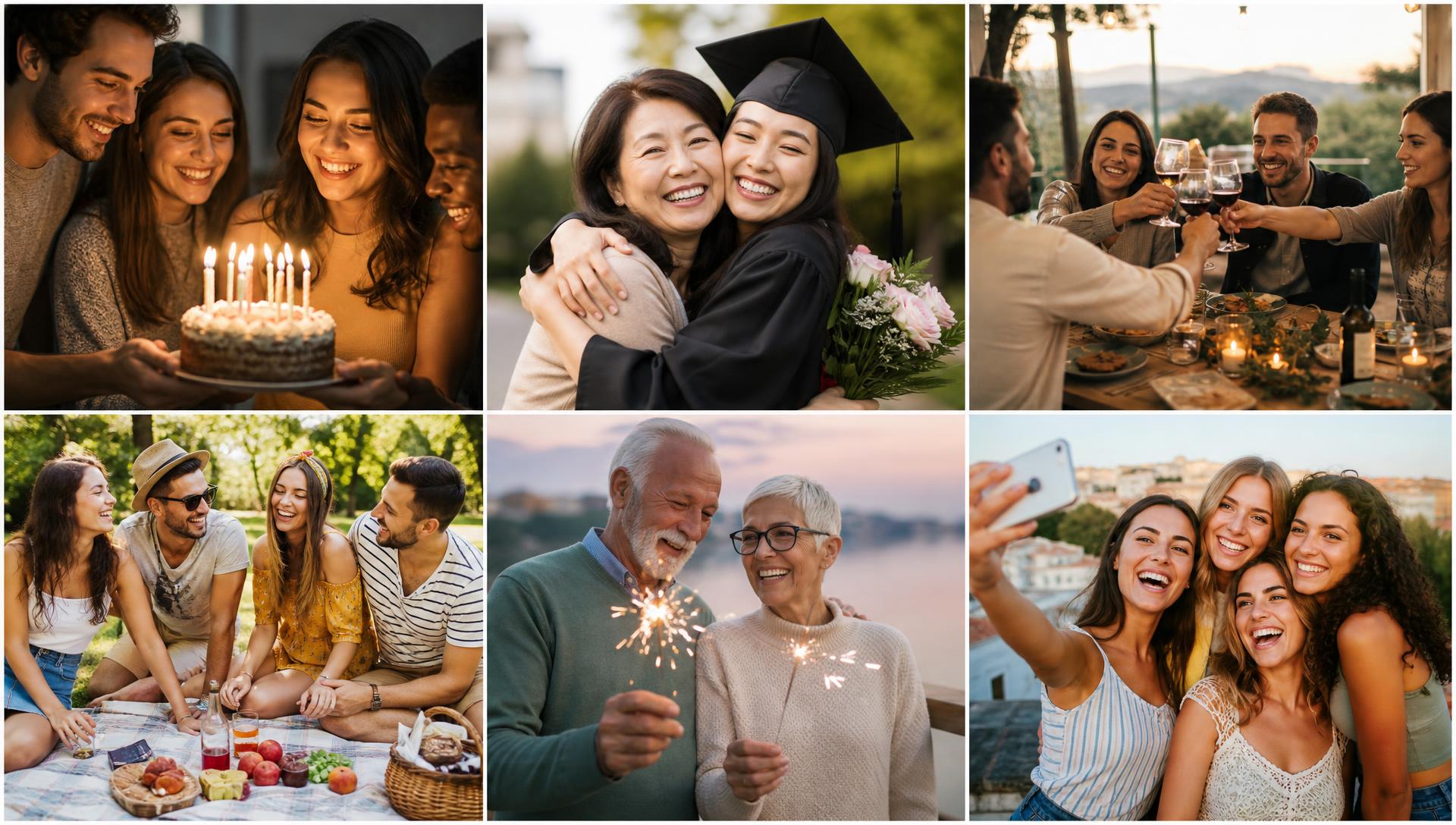 Illustrated scenes of a birthday party, a couple and a family video call connected by a glowing ribbon