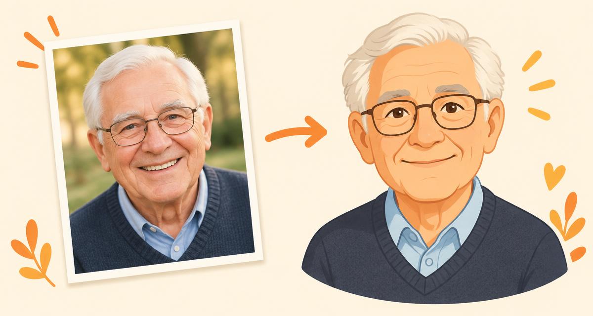 A printed photo of a grandfather beside his cartoon version